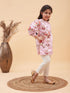 Girl's Pink Floral Printed Kurta With Cream Pant Set